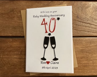 Handmade personalised ruby wedding anniversary card - personalised with names and date if required