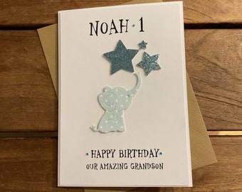 Tarjeta personalizada de primer cumpleaños: elefante, estrellas y gemas