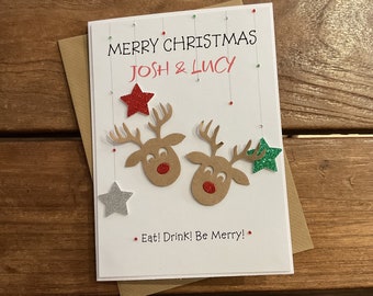 Handmade personalised couple Christmas card- personalised with couples names.