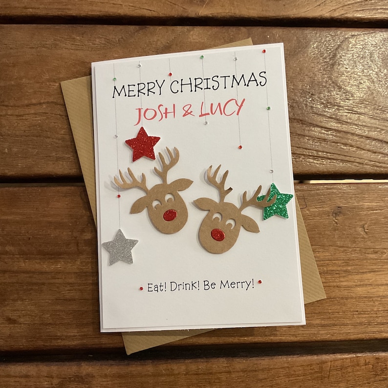 Handmade personalised couple Christmas card personalised with couples names. image 1