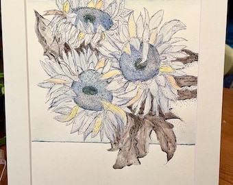 Dibujo original de girasol en pluma y tinta con acuarela - 12 x 10 enmarcado