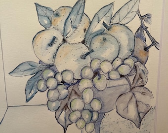 Plato pedestal con fruta. Pluma y tinta, obra de arte original.