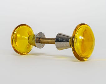 Pair of Vintage 1960s Lindshammar Swedish Yellow Glass and Chrome Door Knobs
