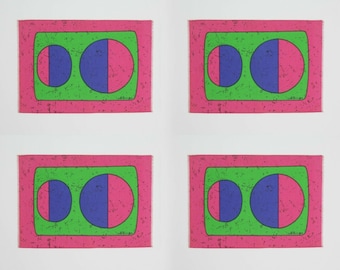 Vintage 1960s Set Of 4 Abstract Circle Pattern Fabric Table Mats, 30cm X 41cm Size, Postmodern Art Design, Bold Green and Pink Colour