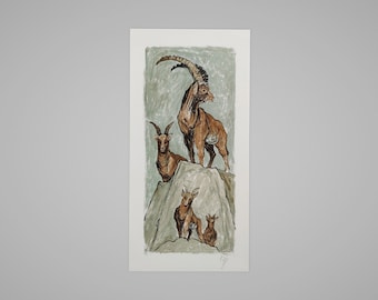 Alpine Ibex Family Lithograph Print, Made by A.W. Diggelmann, 1970s Vintage Artwork, Hand Signed By The Artist, Retro Wall Decor, Goat Art