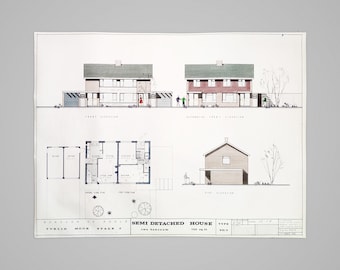 XL 1960er Jahre Poole britisches Doppelhaus handkolorierte Ansicht Architekturzeichnung Poster