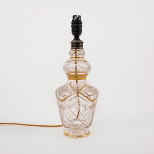 1910s Gold Gilt Clear Glass Table Lamp, for EH Dreyfous, Cut Glass Pattern, Hand Signed, 35cm x 12cm Size, Stylish Edwardian French Lighting