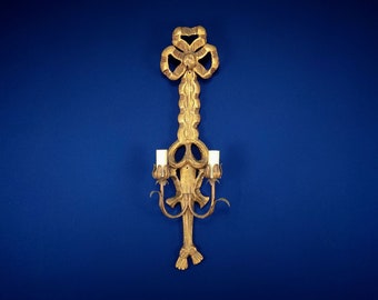 XL Vintage 1950s Italian Florentine Louis XVI Gold Giltwood Wall Lamp Sconce, 60cm x 17cm Size
