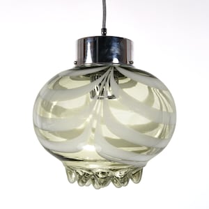 Vintage 1970s Italian Smoke Grey Textured and White Striped Murano Glass Pendant Lamp, 28cm x 28cm SIze