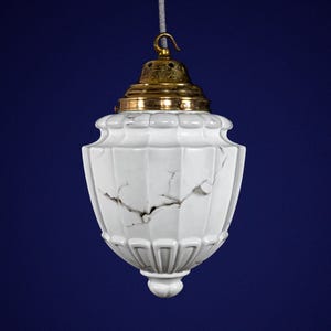 Vintage 1930s Neoclassical Opaline Glass & Brass Ceiling Pendant Lamp with Marble Effect Finish, 30cm x 19cm SIze
