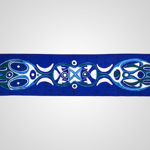 Vintage 1960s Abstract Blue Tiki / Hawaiian Fabric Wall Hanging, 1.2 Metres Long, Bold Blue Colours, Retro Design