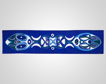 Vintage 1960s Abstract Blue Tiki / Hawaiian Fabric Wall Hanging, 1.2 Metres Long, Bold Blue Colours, Retro Design