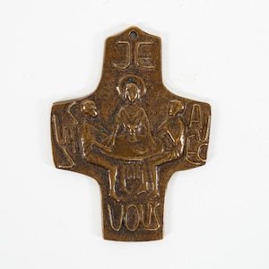 Vintage 1960s French Brutalist / Abstract Bronze Wall-Hanging Cross of the Last Supper, by Egino Weinert, 7cm x 7cm Size