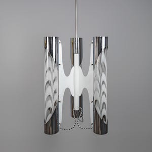 XXL Vintage 1960s Italian Murano Glass & Chrome Chandelier with Three Striped Opal White Glass Shades, Mazzega attributed