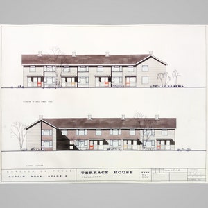 XL 1960s British Terrace House Hand-Coloured Architectural Drawing Poster, 72cm x 95cm Size, On Thick Canvas Paper, From Poole England