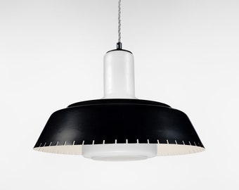 Vintage 1960s Danish Black and White Pendant Lamp, with Opaline Glass, 40cm Wide, Bent Karlby Lyfa Style, Modern Minimalist Retro Lighting