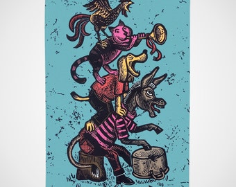 HUGE Retro 1950s Style Fabric Wall Hanging, Town Musicians of Bremen Fairytale, 74cm X 49cm Size, Animal Themed, Vintage Hand Drawn Art