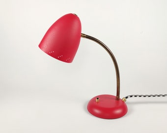 1950s Vintage Red & Brass Gooseneck Desk Lamp, With Adjustable Neck, Genuine Vintage Dutch Lighting, Table Lamp, Mid Century Modern