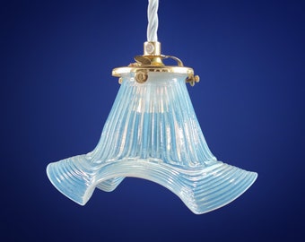 Antique 1920s French Opalescent Vaseline Glass Tulip Shade Ceiling Pendant Lamp