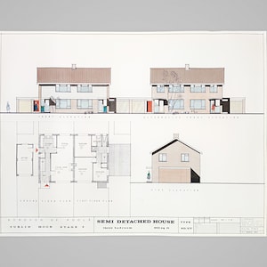 XL Brits halfvrijstaand huis uit de jaren 60, handgekleurde poster met architecturale tekening, formaat 72 x 95 cm, op dik canvaspapier, uit Poole, Engeland