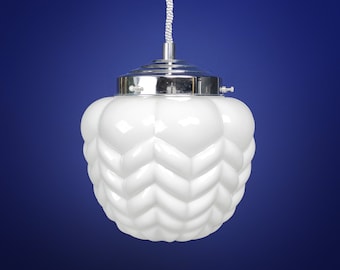 Vintage 1950s Chevron-Ribbed Opaline Glass Pendant Lamp with Stepped Gallery