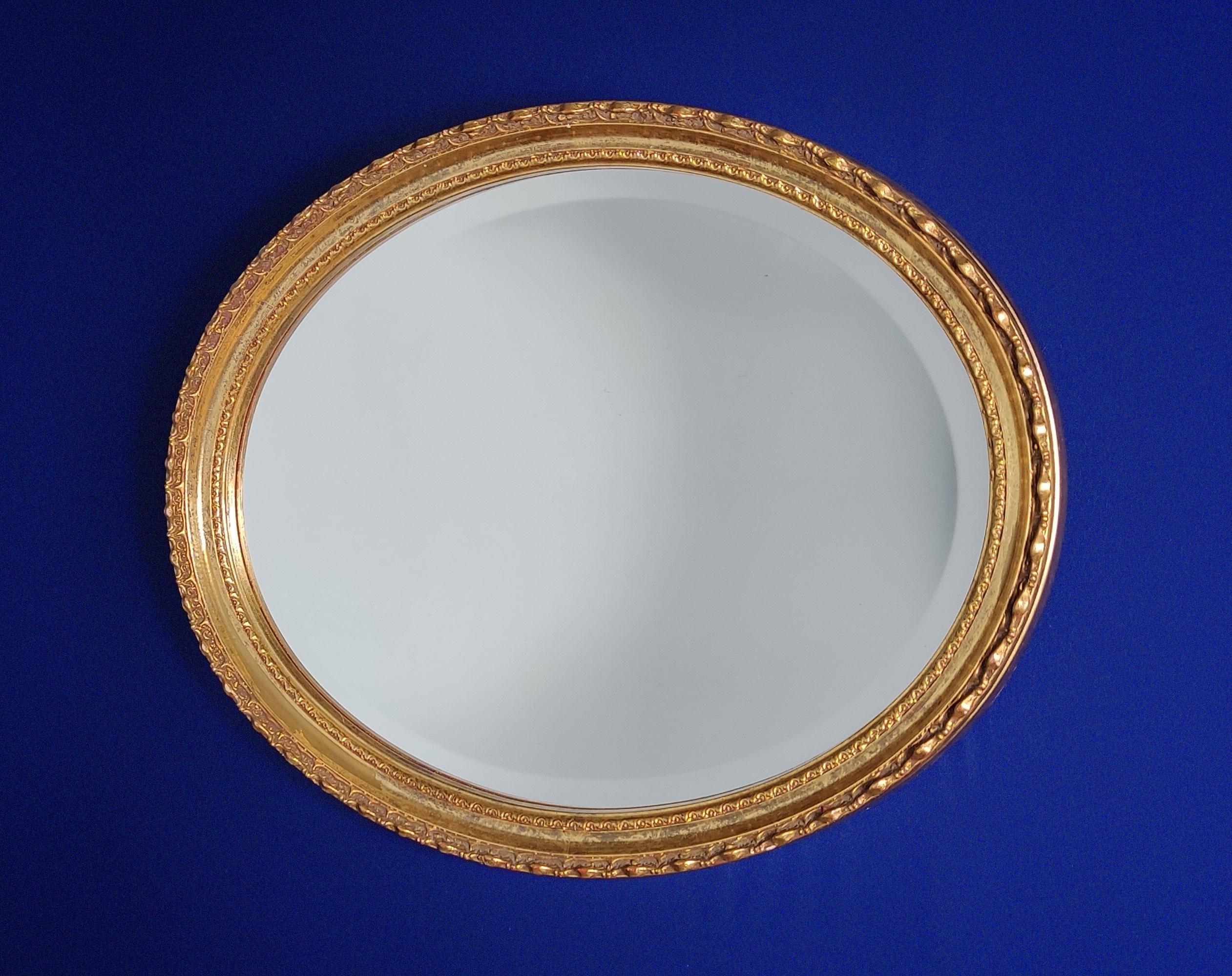 Large Vintage French Distressed Mirror, Gold Gilt Finish, Rococo Revival Style, Oval Wall-Hanging, 46cm X 35cm Size