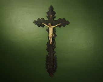 XL Antique 18th Century German Corpus Christi On a 19th C. Black Forest Crucifix