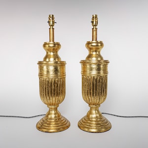Vintage Pair Of XL Distressed Gold Gilt Carved Urn Shaped Wooden Table Lamps, 58cm Tall