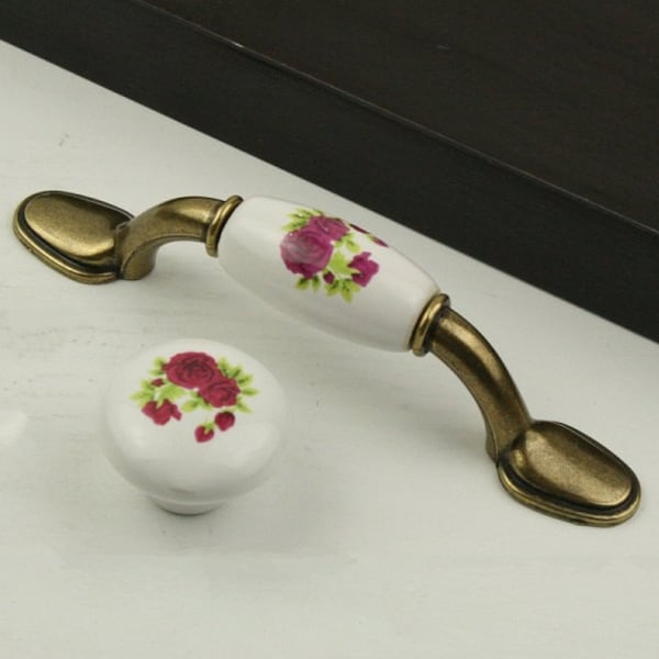 3"Rose Flower Dresser Knobs Pulls Drawer Knobs Pulls Handles Ceramic White Antique Bronze Kitchen Cabinet Pulls Knobs Furniture Handle 76mm