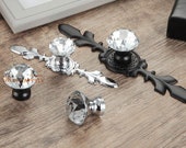 Glass Knobs Handles Dresser Knobs Pulls Crystal Drawer Knobs Pull Handles Cabinet Door Knobs Handle Pull Back Plate Bling Black Silver Clear