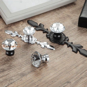 Glass Knobs Handles Dresser Knobs Pulls Crystal Drawer Knobs Pull Handles Cabinet Door Knobs Handle Pull Back Plate Bling Black Silver Clear image 1