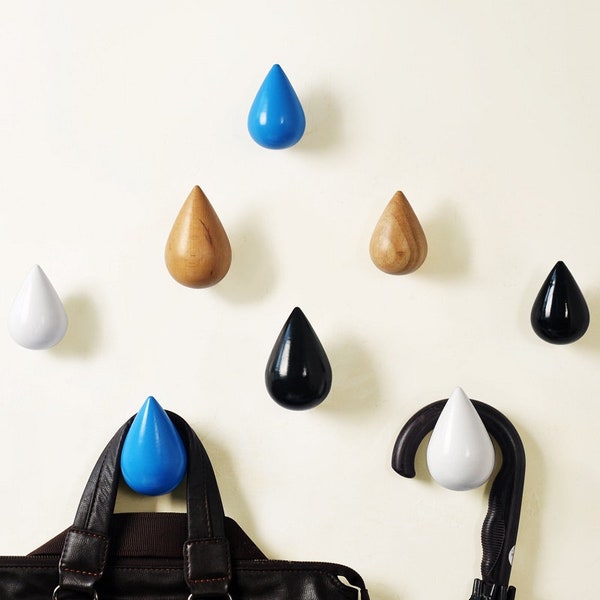Colorful Hooks Water Drop Decorative Hooks /Solid Wood  Coat Hangers Wall Hooks /Arts Creative Wall Towel Hanger /Red White Black Green Gray