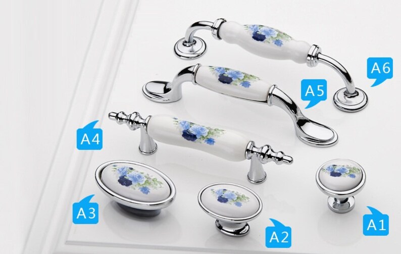 Ceramic Kitchen Cabinet Knobs Pulls Handles White Silver Blue Blossom Dresser Drawer Pulls Knobs Handles Porcelain Door Handles Hardware