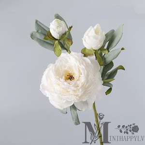 May include: A white peony flower with three buds and green leaves. The large, fully bloomed flower has multiple layers of delicate petals. The stem is green, and the leaves are a muted green color. The background is a light gray.