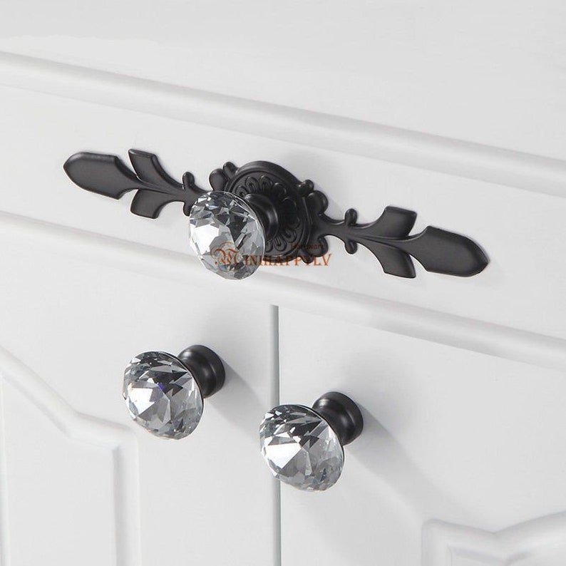 Glass Knobs Handles Dresser Knobs Pulls Crystal Drawer Knobs Pull Handles Cabinet Door Knobs Handle Pull Back Plate Bling Black Silver Clear image 2