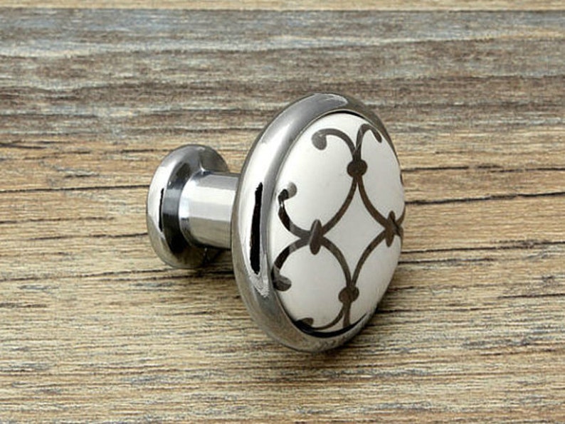 Dresser Knobs Drawer Knob Pulls Handles White Silver Cabinet Knobs Ceramic Door Knob Vintage Furniture Hardware Kitchen Bathroom Porcelain image 3