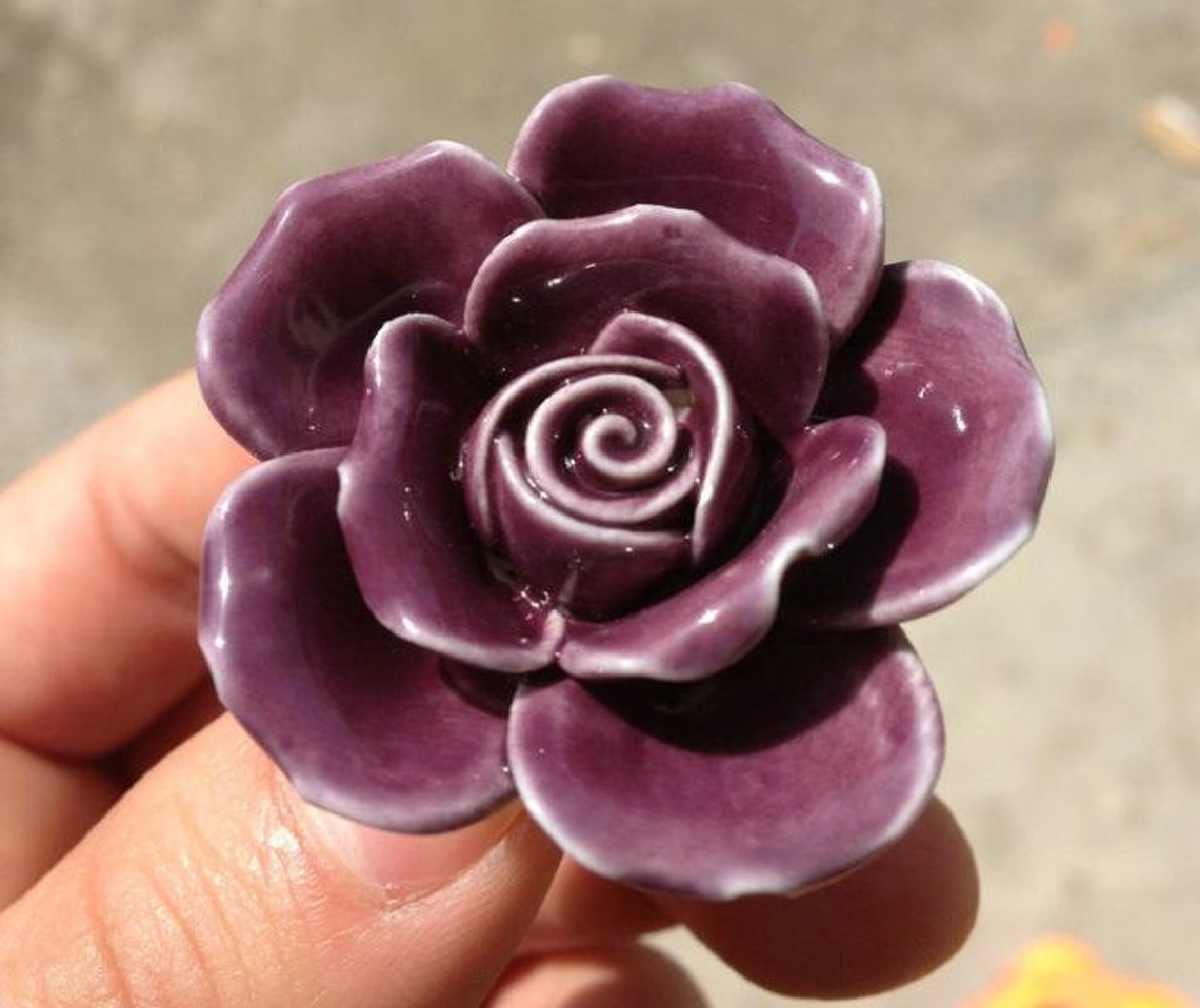 Purple Knobs Rose Flower / Chic Dresser Knobs / Ceramic Drawer Etsy