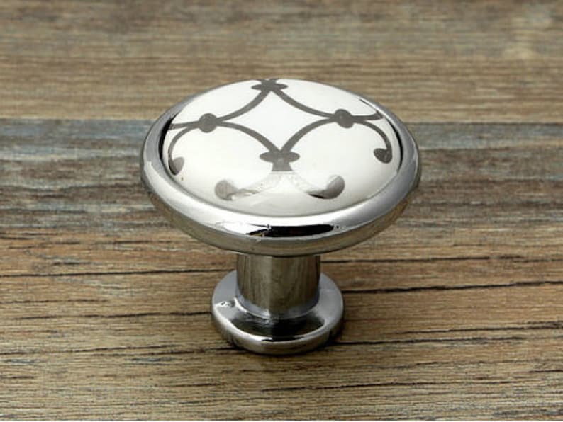 Dresser Knobs Drawer Knob Pulls Handles White Silver Cabinet Knobs Ceramic Door Knob Vintage Furniture Hardware Kitchen Bathroom Porcelain image 2