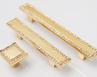 Gold Glass Dresser Pulls Drawer Pull Handles / Crystal Cabinet Door Handle Square Silver Clear Modern Furniture Knobs Bling Hardware