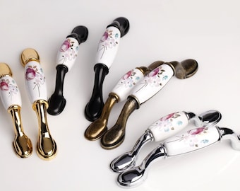 Kitchen Cabinet Pulls Handles Knobs Dresser Drawer Pulls Handles Door Pulls Knobs Ceramic Tulip Flower Cottage Furniture Hardware 76 96mm