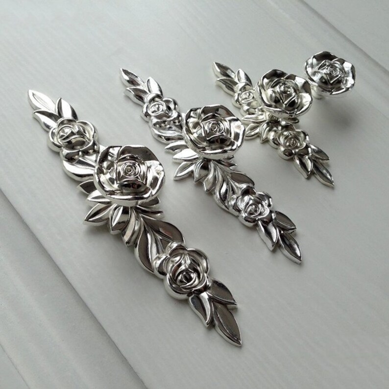 Bright Silver Rose Flower Knobs Dresser Knobs Handles Drawer Etsy