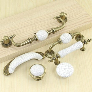 Dresser Pulls Knobs Drawer Pulls Handles Knobs Antique Bronze White Ceramic Crack Kitchen Cabinet Pulls Knobs/ Furniture Hardware Porcelain