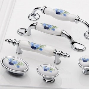 Ceramic Kitchen Cabinet Knobs Pulls Handles White Silver Blue Blossom / Dresser Drawer Pulls Knobs Handles/ Porcelain Door Handles Hardware