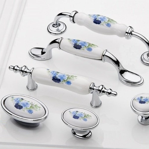 Boutons d'armoires de cuisine en céramique poignées blanc argent bleu fleur/tiroir de commode poignées poignées/poignées de porte en porcelaine matériel