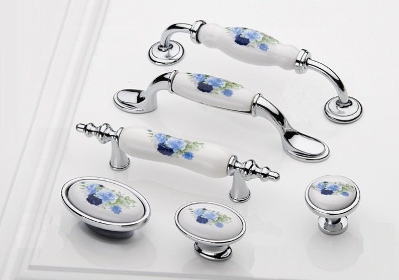 Ceramic Kitchen Cabinet Knobs Pulls Handles White Silver Blue Blossom Dresser Drawer Pulls Knobs Handles Porcelain Door Handles Hardware