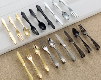 3" Spoon Fork Knife Drawer Pulls Handles Kitchen Cabinet Door Handles Pulls Knobs Black Bright Silver Gold Bronze Cupboard Handles Pulls76mm