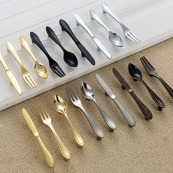 3" Spoon Fork Knife Drawer Pulls Handles Kitchen Cabinet Door Handles Pulls Knobs Black Bright Silver Gold Bronze Cupboard Handles Pulls76mm