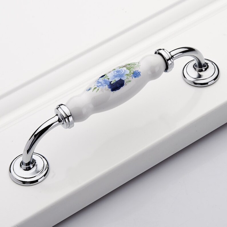 Ceramic Kitchen Cabinet Knobs Pulls Handles White Silver Blue Blossom Dresser Drawer Pulls Knobs Handles Porcelain Door Handles Hardware