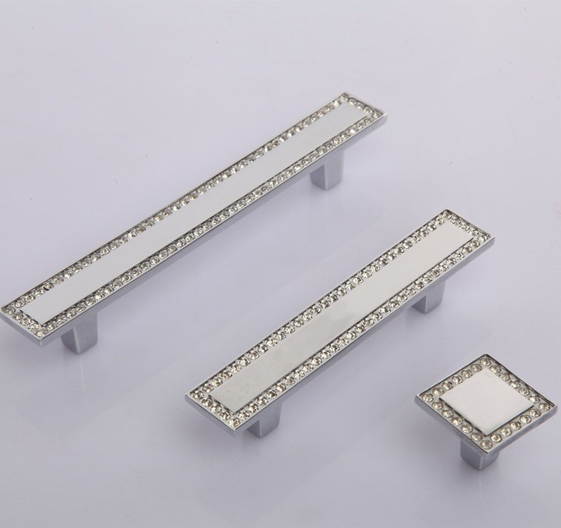 Silver Glass Dresser Pulls Knobs Drawer Handles Crystal Cabinet Door Rhinestone Square Furniture Knob Bling Modern