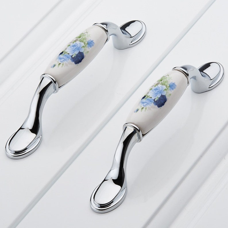 Ceramic Kitchen Cabinet Knobs Pulls Handles White Silver Blue Blossom Dresser Drawer Pulls Knobs Handles Porcelain Door Handles Hardware